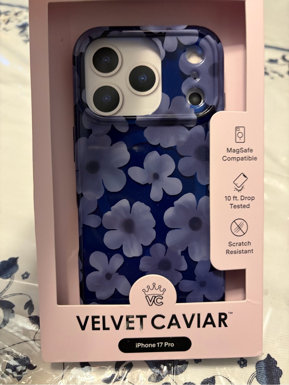 Velvet Caviar Floral iPhone 17 Pro Case in Navy Blue
